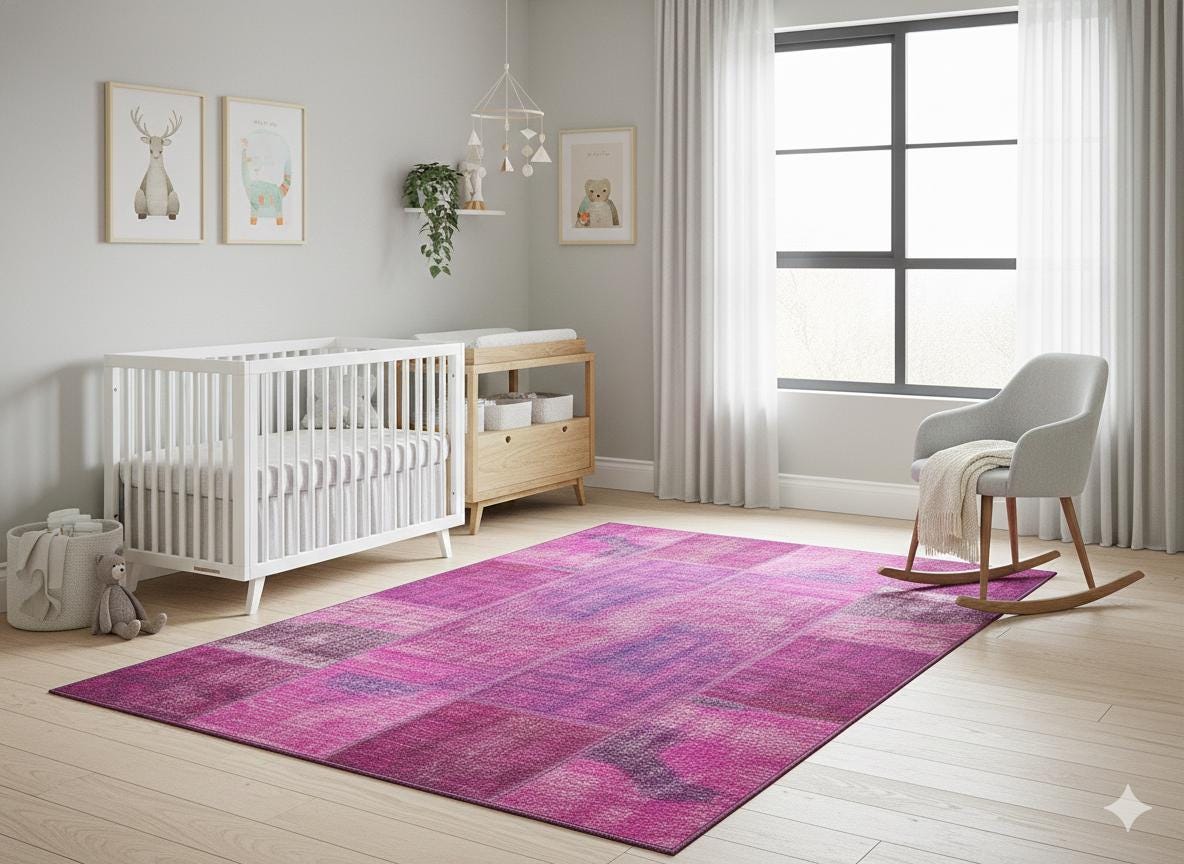 Handmade Wool Turkish Patchwork Rug: Vintage Purple Carpet (5.6x8)