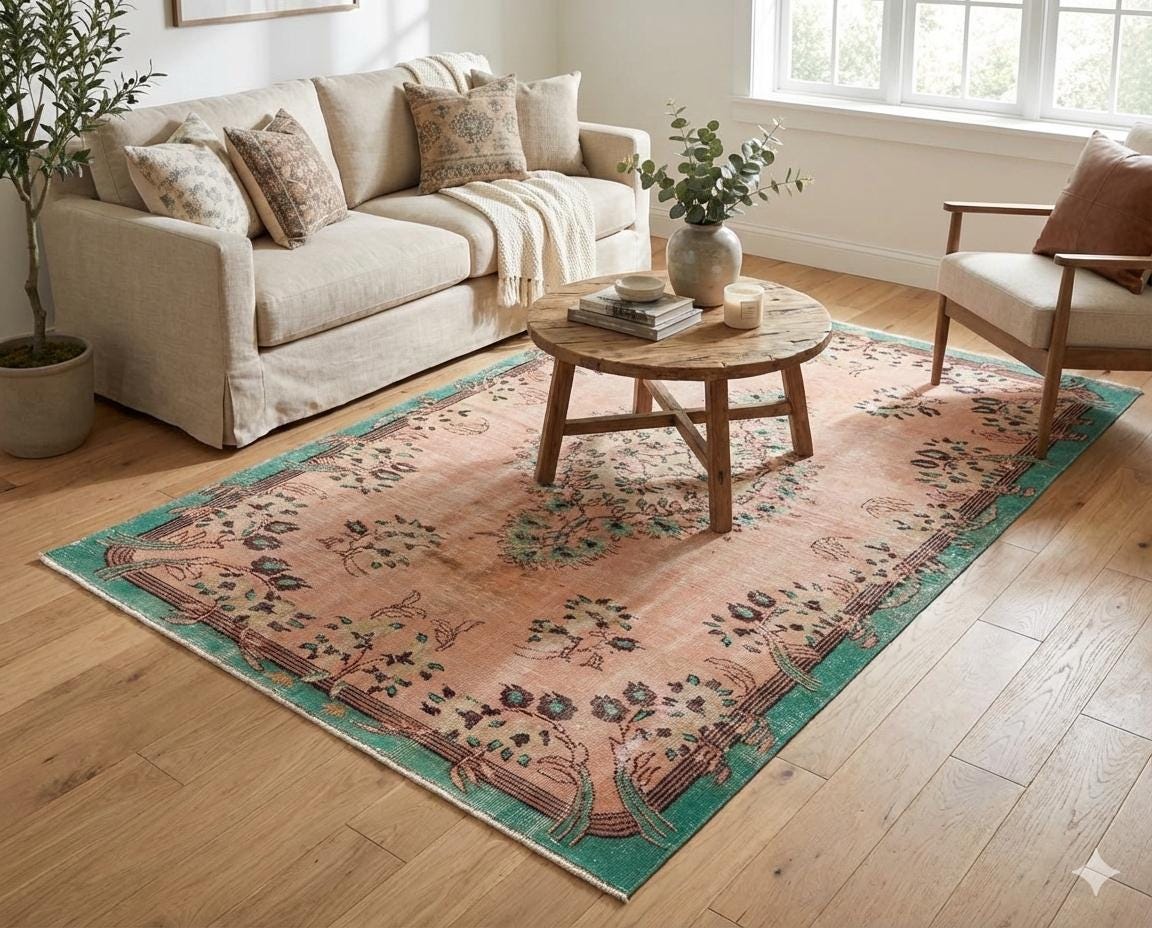 Vintage Turkish Wool Rug (5.7x9 ft): Handmade Anatolian Persian Design