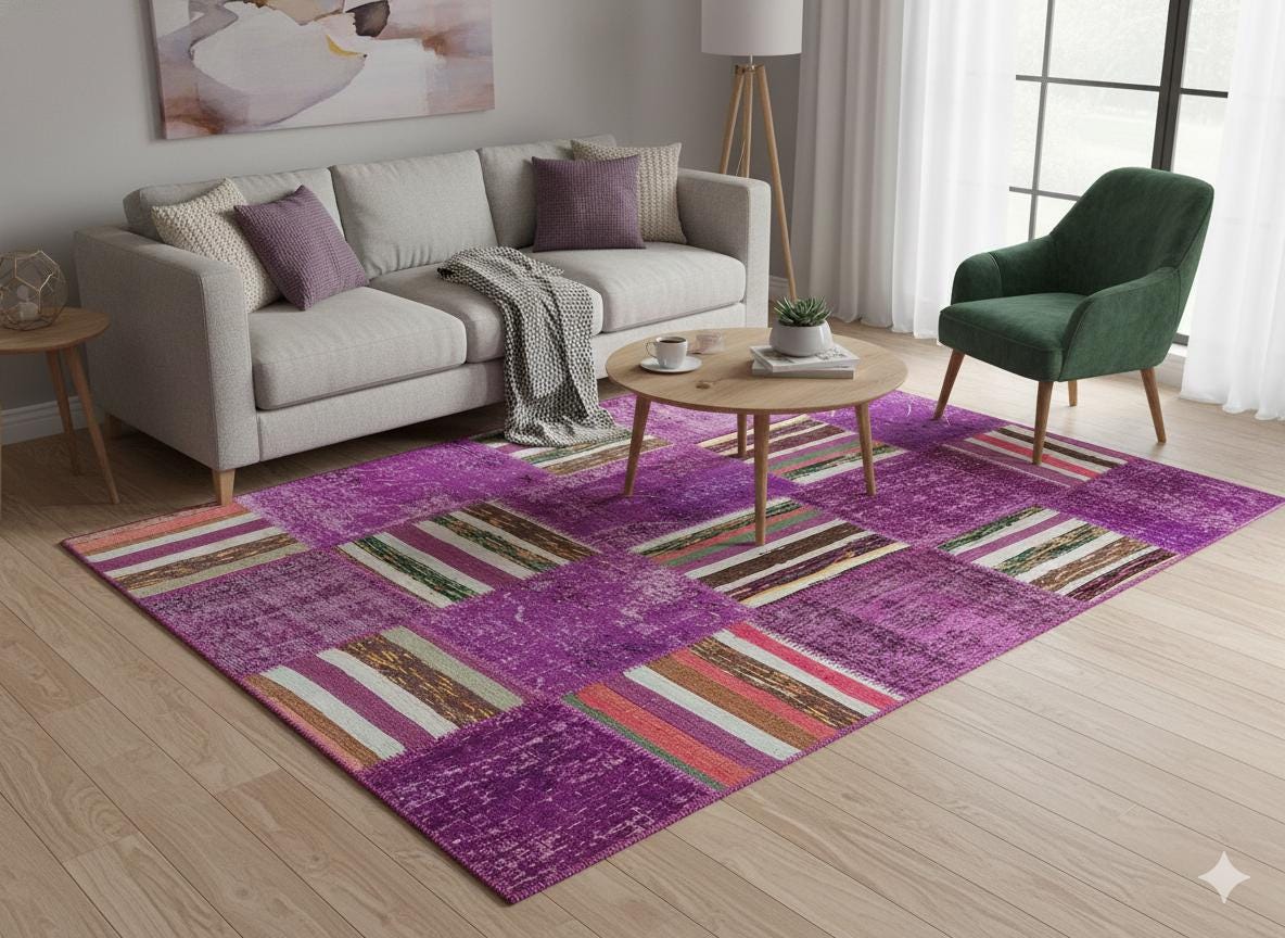 Handmade Purple Patchwork Rug: Bohemian Wool Area Rug (5'x8' ft)