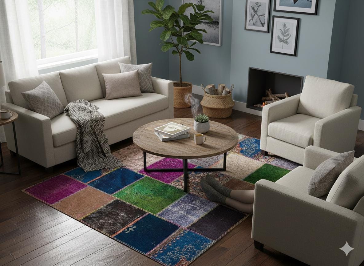 Handmade Wool Patchwork Rug: Bohemian Turkish Area Rug (6.2x8.2 ft)