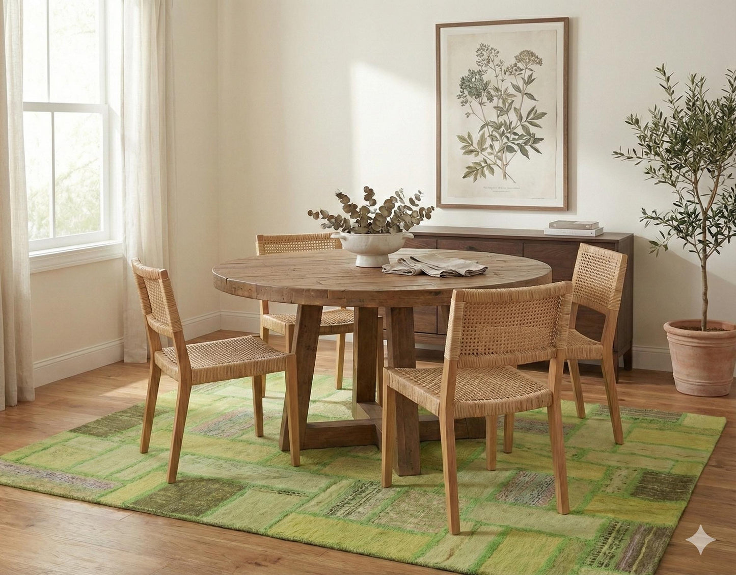 Handmade Green Patchwork Rug: 100% Wool Turkish Area Rug (3.9x5.6 ft)