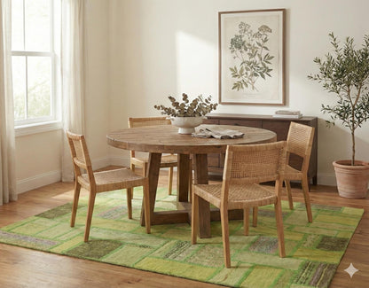 Handmade Green Patchwork Rug: 100% Wool Turkish Area Rug (3.9x5.6 ft)