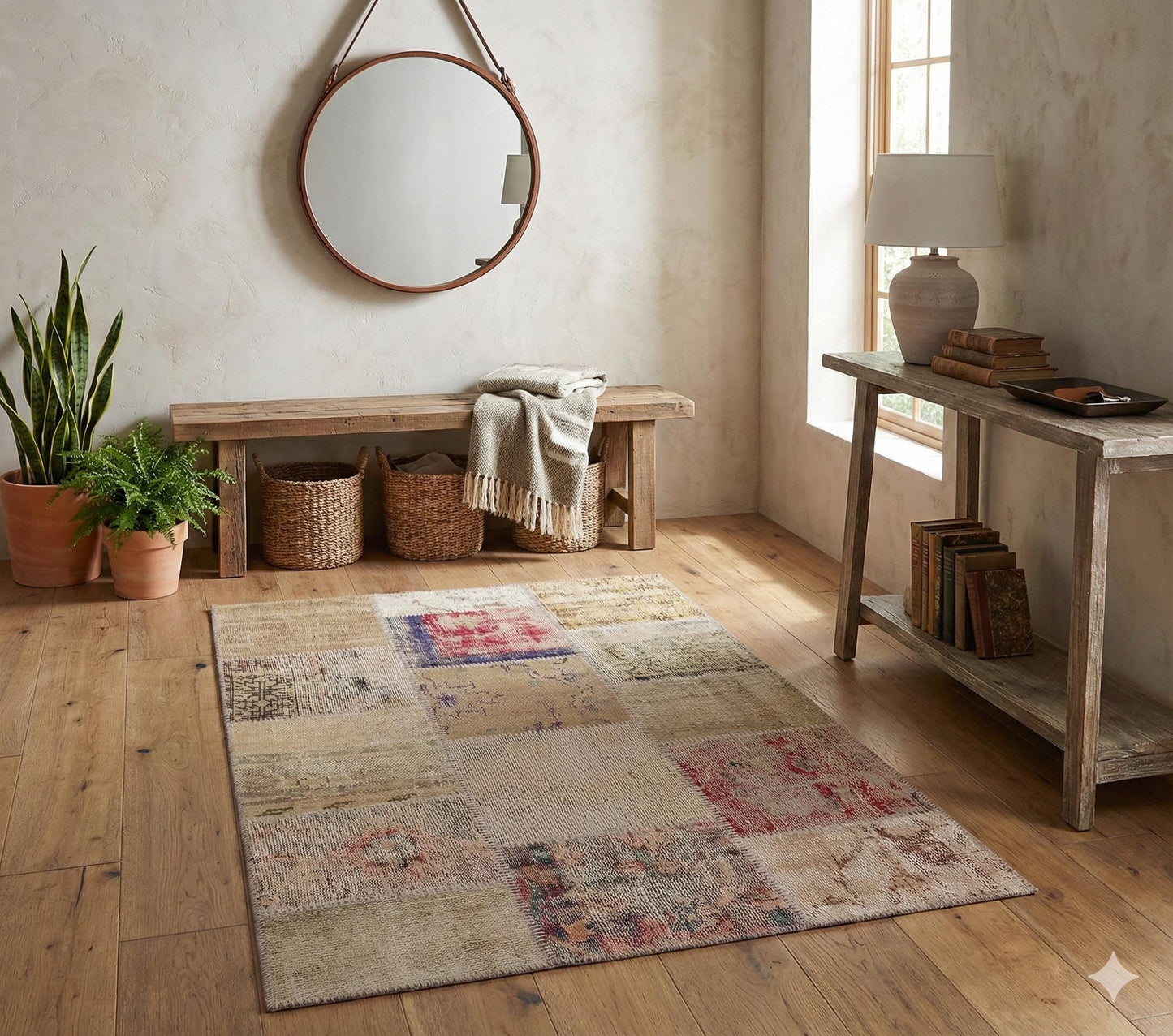 Handmade Wool Turkish Patchwork Rug: Vintage Bohemian Area Rug (4x6)