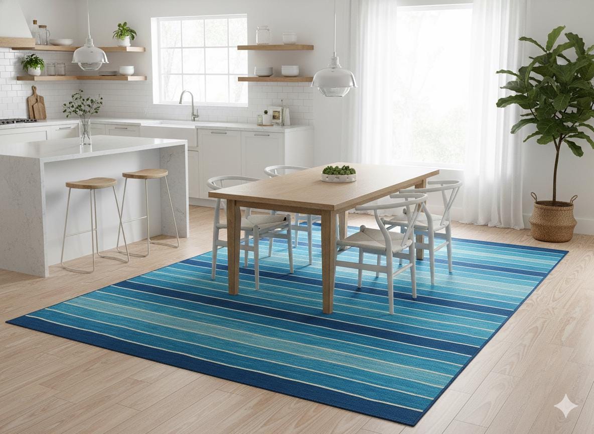 Hand Woven Turkish Kilim Rug: Blue Stripe Bohemian Style