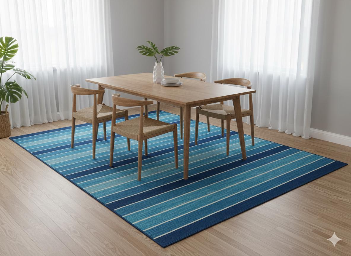 Hand Woven Turkish Kilim Rug: Blue Stripe Bohemian Style