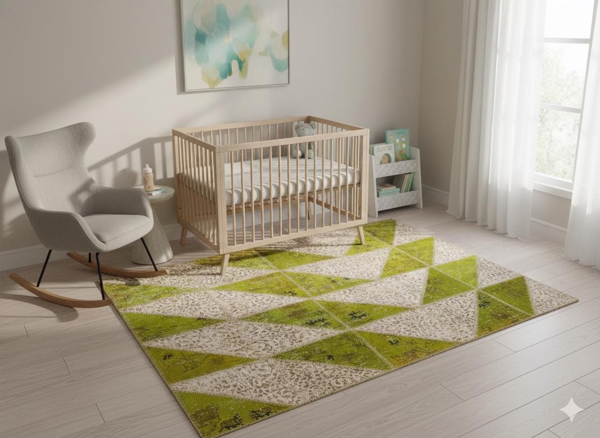 Green Patchwork Wool Rug: Bohemian Handmade Area Rug (5.6x8.4 ft)