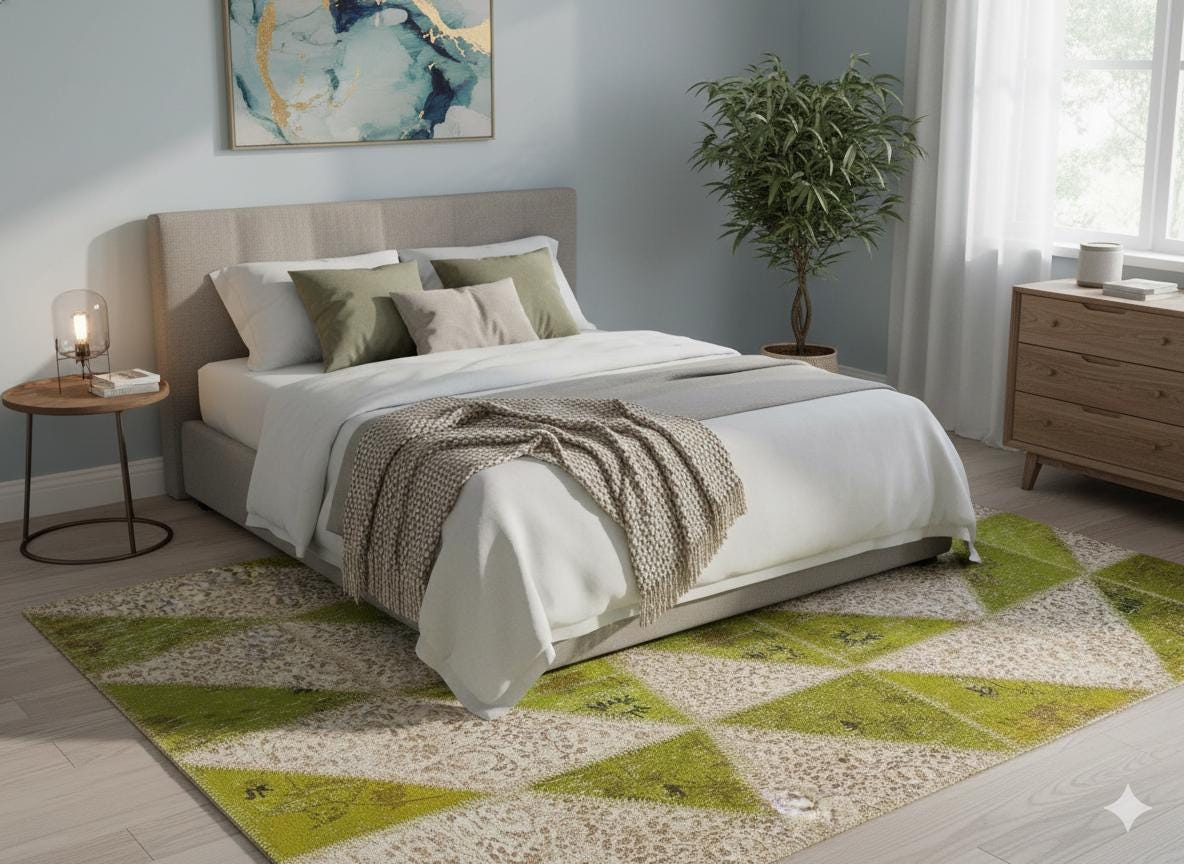 Green Patchwork Wool Rug: Bohemian Handmade Area Rug (5.6x8.4 ft)