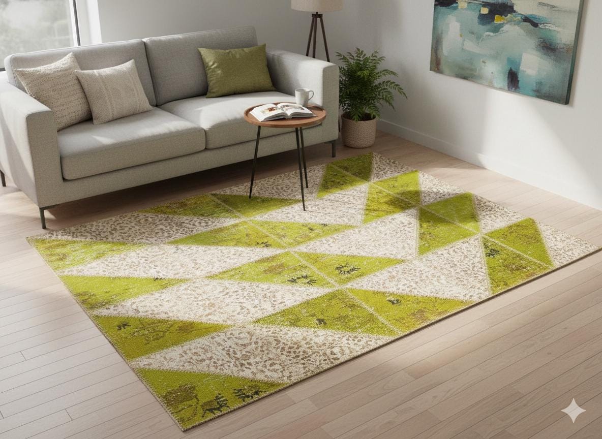 Green Patchwork Wool Rug: Bohemian Handmade Area Rug (5.6x8.4 ft)