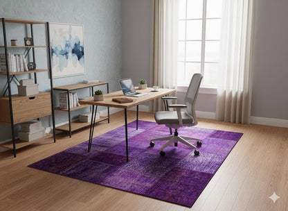 Handmade Purple Patchwork Wool Rug: Bohemian Turkish Area Rug (5'x8' ft)
