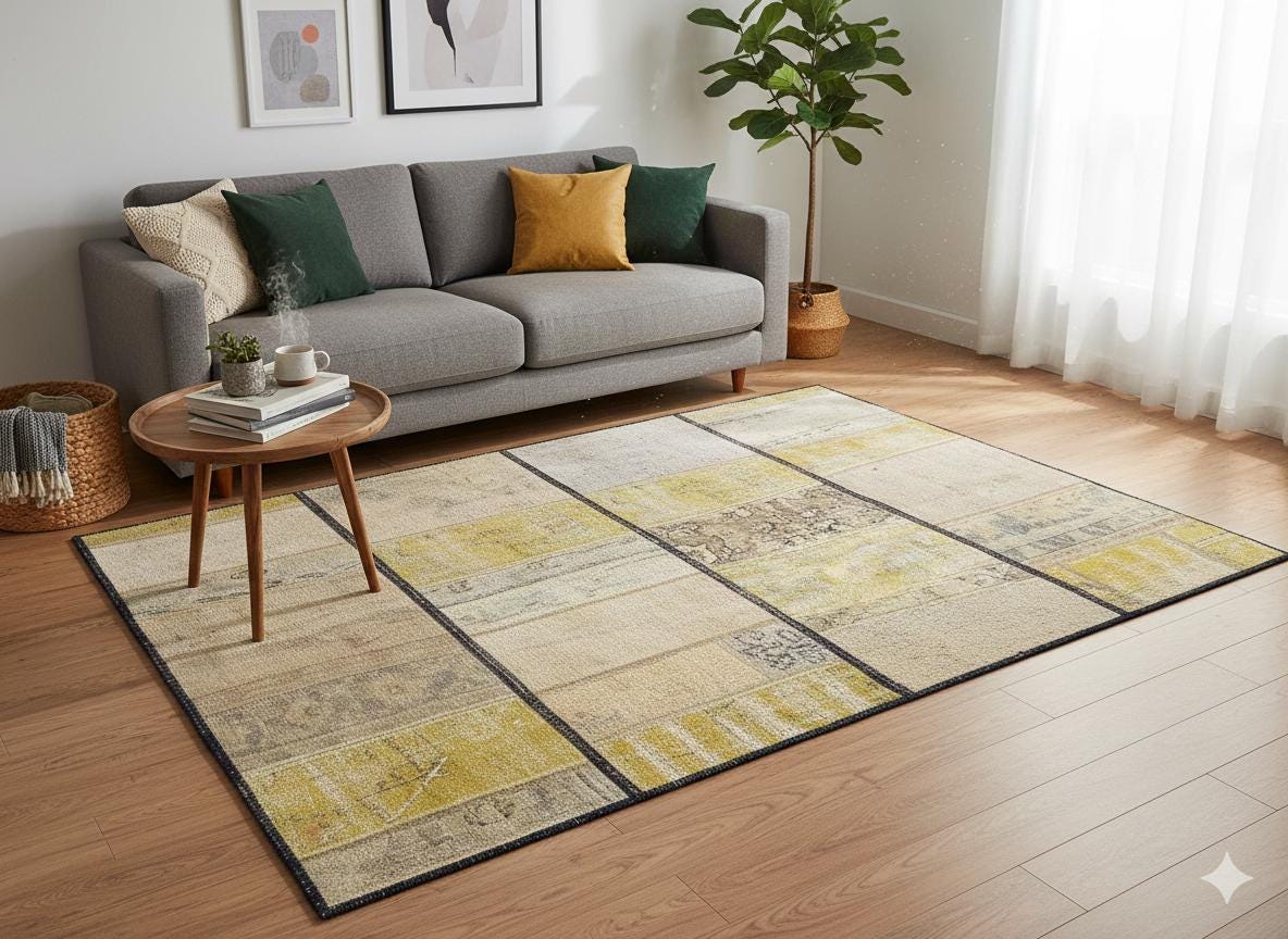 Handmade Patchwork Turkish Rug: Bohemian Wool Area Rug (4.4x5.4 ft)