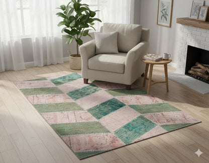 Handmade Wool Patchwork Rug: 3.9x5.7 ft Turkish Bohemian Area Rug