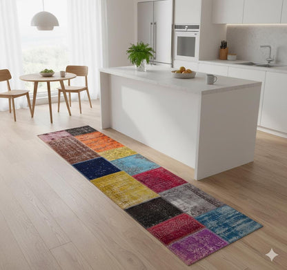 Handmade Wool Patchwork Turkish Rug - 2.7x9.7 ft Bohemian Area Rug