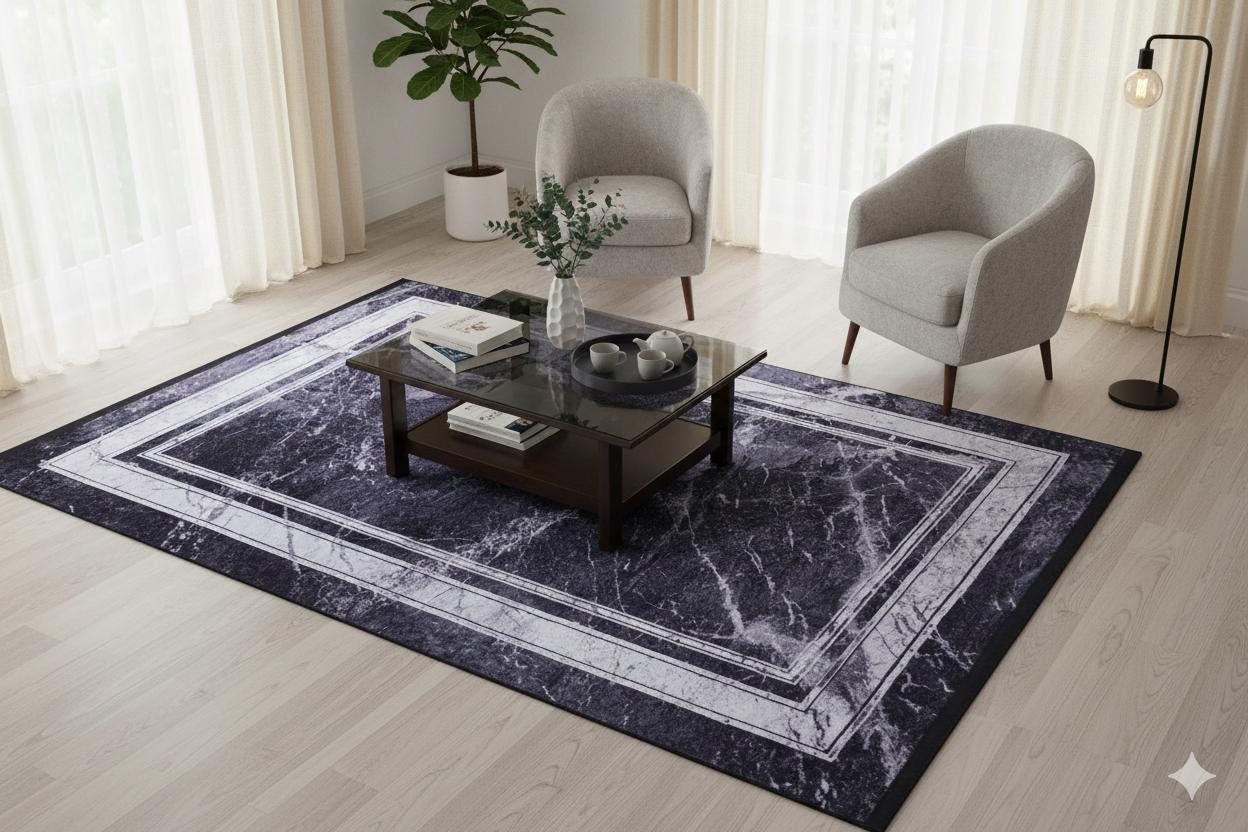 Modern Black Marble Area Rug, Dark Grey Stone Pattern Carpet, Minimalist Border Rug