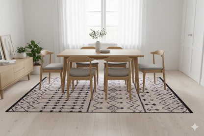 Washable Boho Tribal Rug, Neutral Cream Black Geometric Carpet