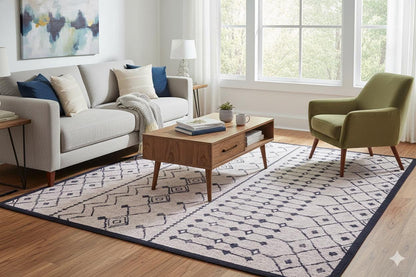 Washable Boho Tribal Rug, Neutral Cream Black Geometric Carpet