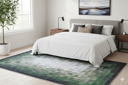 Green Pixel Mosaic Area Rug, Washable Abstract Gradient Carpet, Modern Living Room Floor Rug