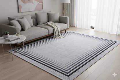 Modern Geometric Border Rug – Washable Gray Black Carpet, Thin Non-Slip Living Room Rug