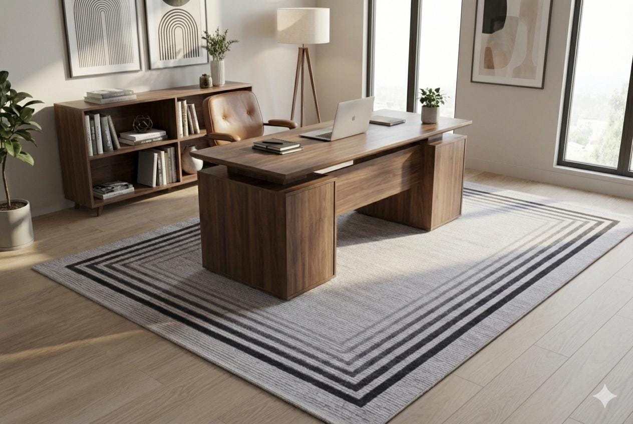 Modern Geometric Border Rug – Washable Gray Black Carpet, Thin Non-Slip Living Room Rug