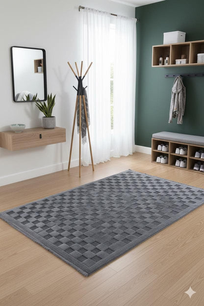 Contemporary Dark Gray Basketweave Textured Area Rug – Modern Solid Neutral Carpet