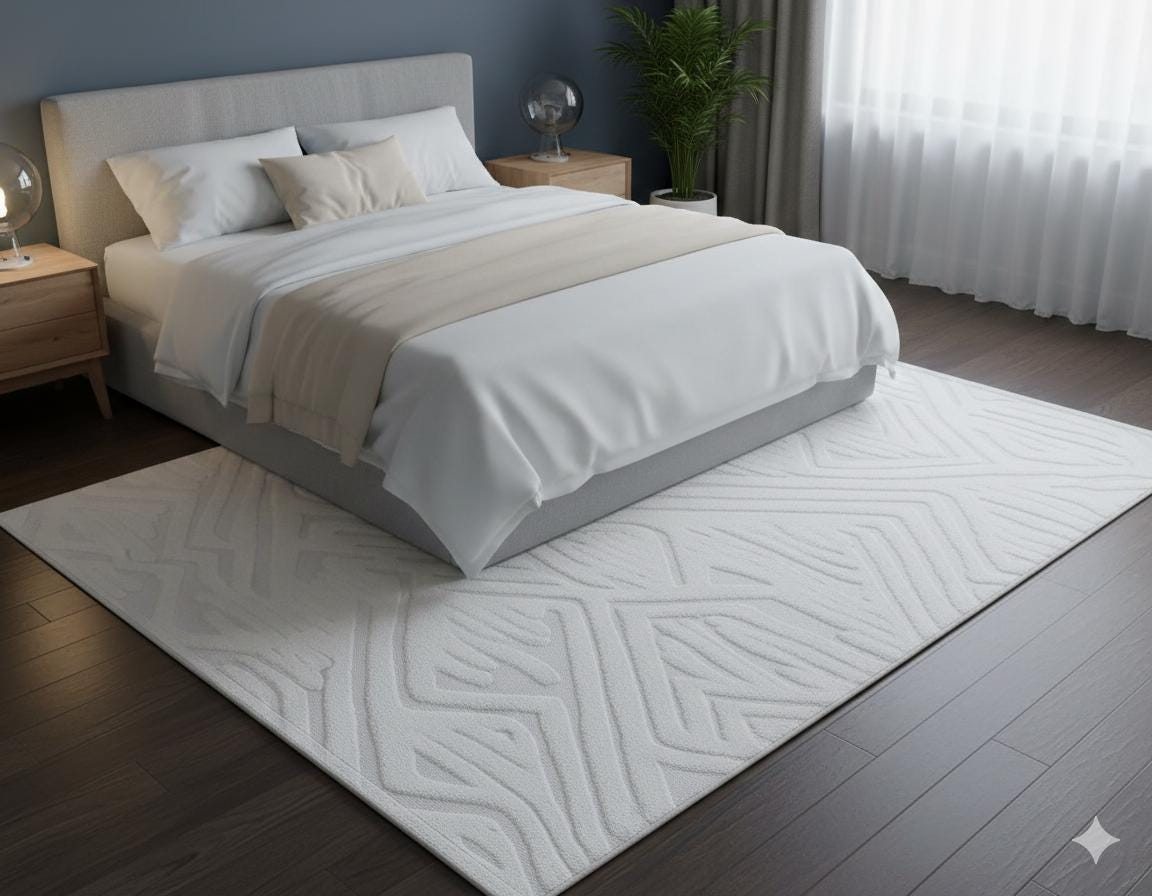 Contemporary White High-Low Pile Textured Area Rug – Modern Geometric Pattern Carpet