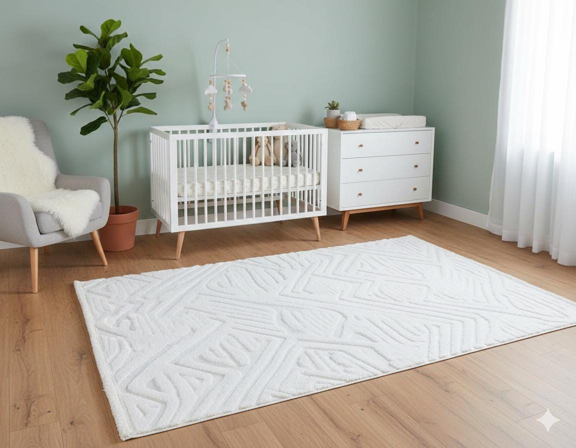 Contemporary White High-Low Pile Textured Area Rug – Modern Geometric Pattern Carpet