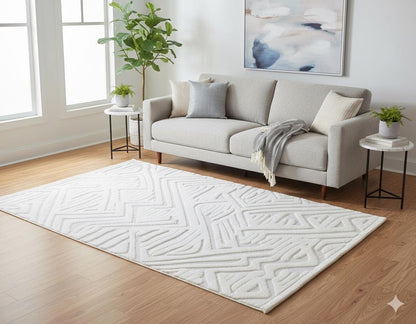 Contemporary White High-Low Pile Textured Area Rug – Modern Geometric Pattern Carpet