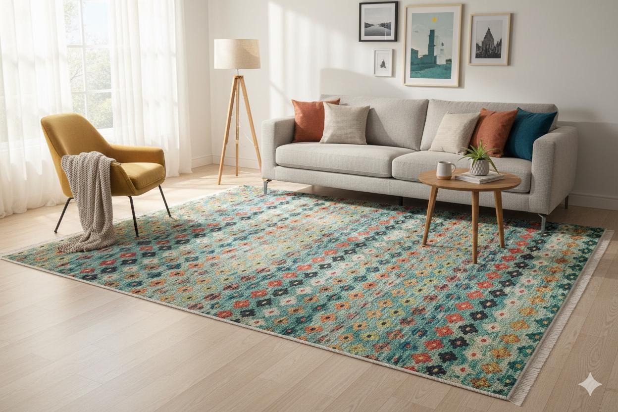 Washable Kilim-Style Area Rug: Boho Geometric Design