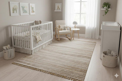 Striped Scandinavian Rug: Modern Nordic Area Rug with Fringes