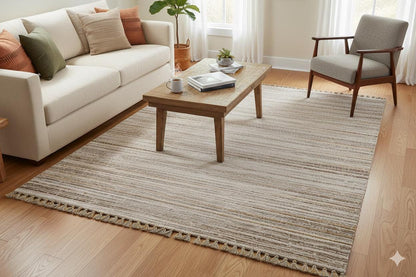 Striped Scandinavian Rug: Modern Nordic Area Rug with Fringes