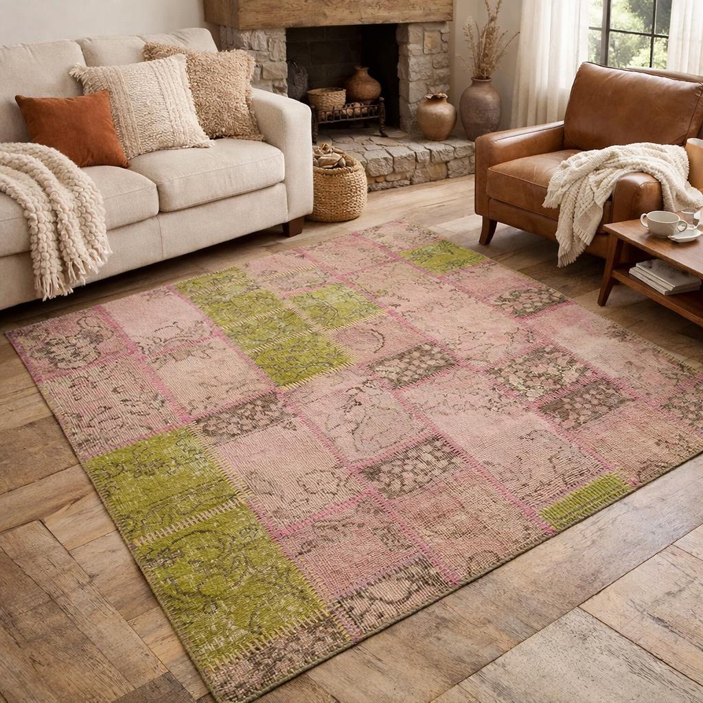 One of a Kind Pink & Green Wool patchwork Rug