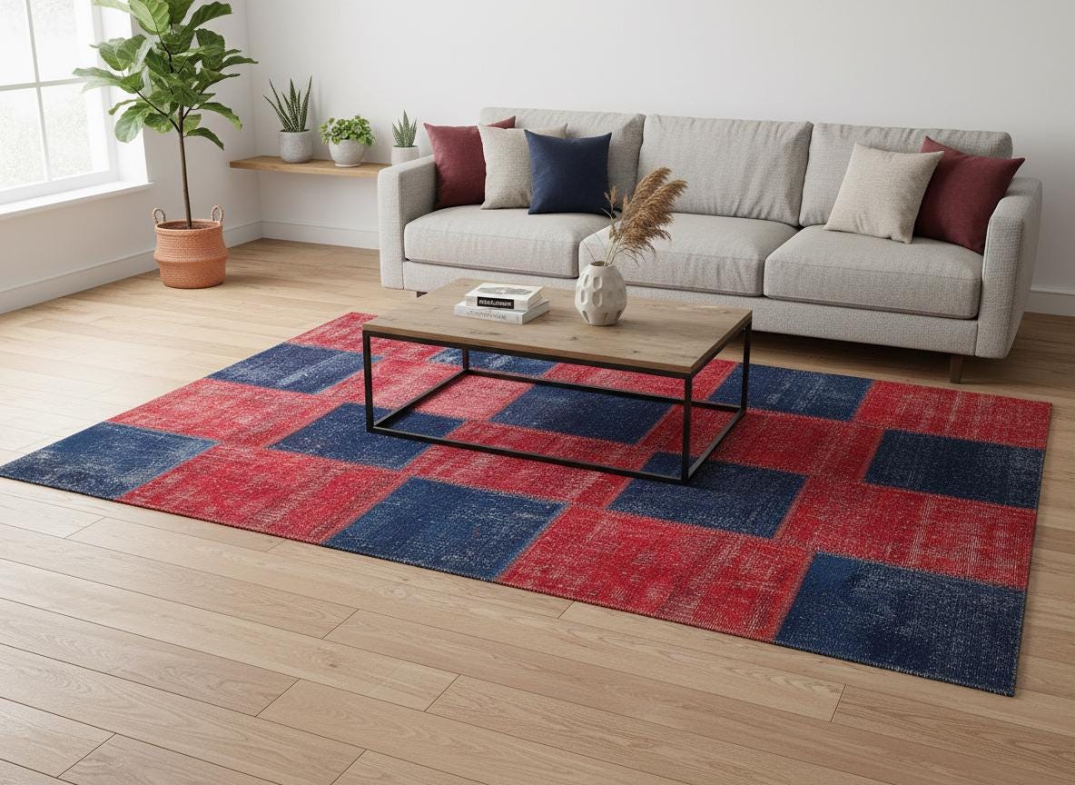 Handmade Turkish Patchwork Rug: 6x9.2 ft Wool Bohemian Area Rug