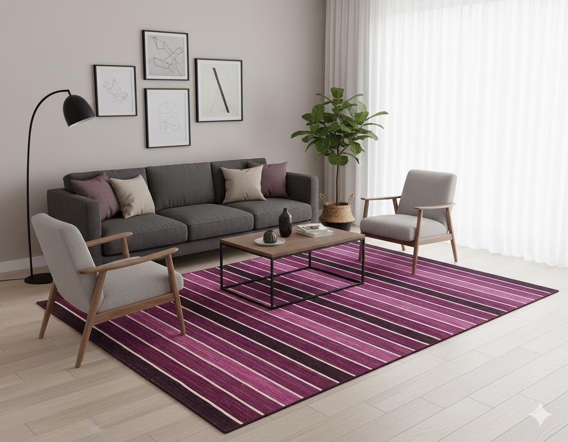 Hand Woven Turkish Kilim Rug: Purple Stripe, Bohemian Style