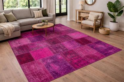 Handmade Pink Patchwork Rug: Modern Bohemian Wool Area Rug (5.8x8.4 ft)