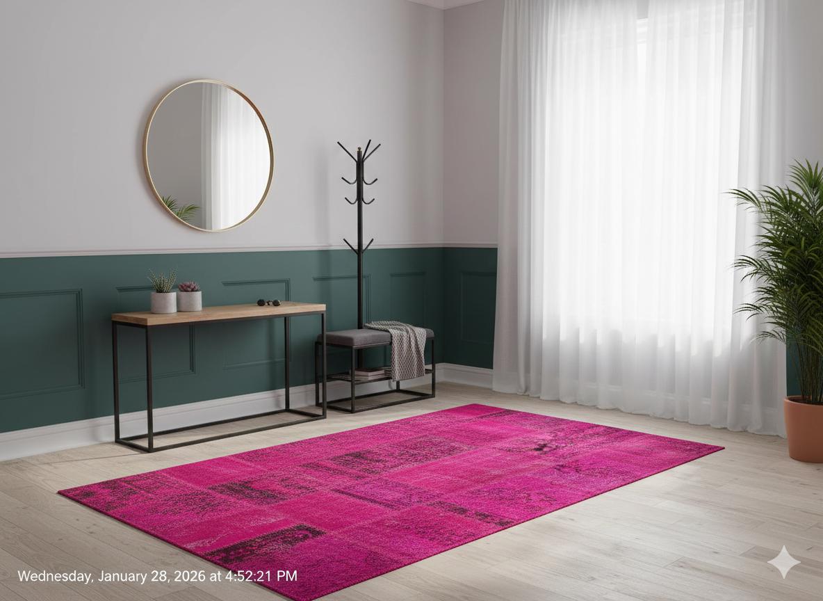 Handmade Pink Patchwork Rug: Bohemian Wool Area Rug (5'x8' ft)