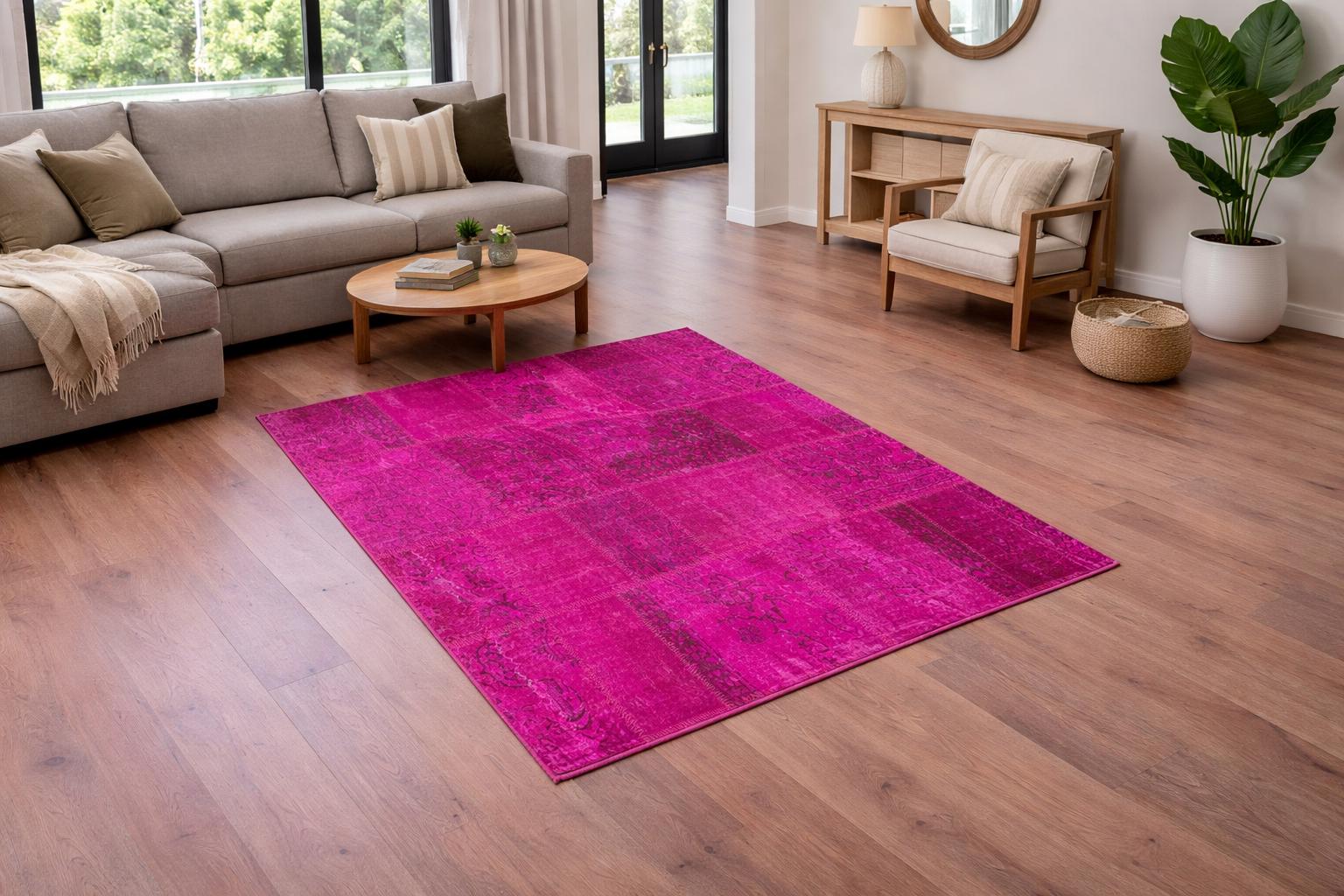 Handmade Pink Patchwork Rug: Bohemian Wool Area Rug (5'x8' ft)
