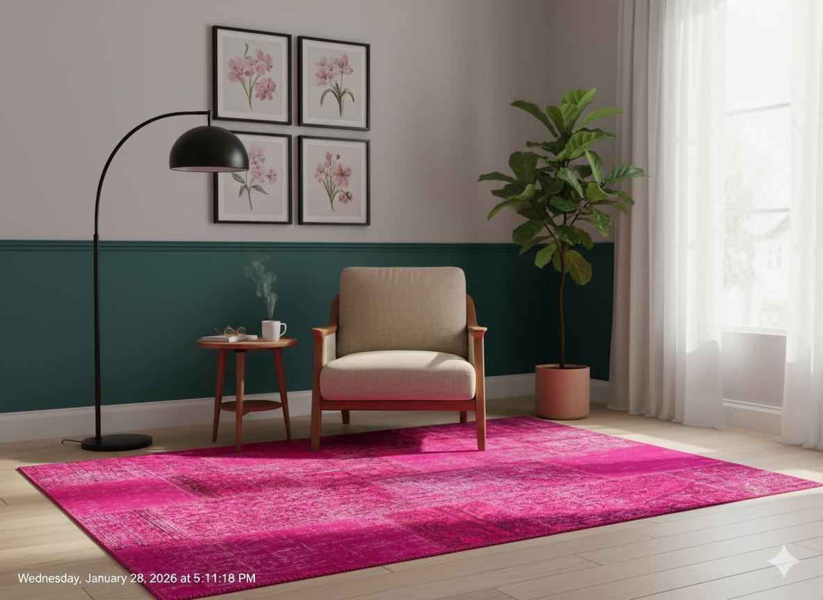 Handmade Pink Patchwork Rug: Bohemian Wool Area Rug (5'x8' ft)