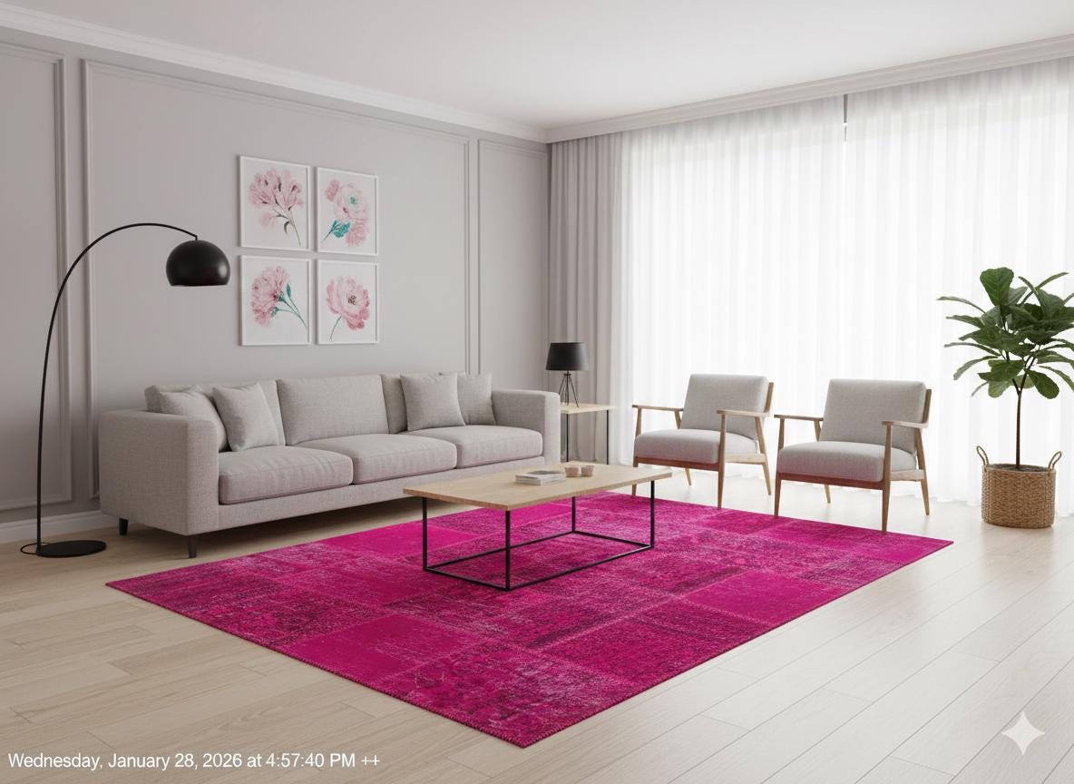 Handmade Pink Patchwork Rug: Bohemian Wool Area Rug (5'x8' ft)