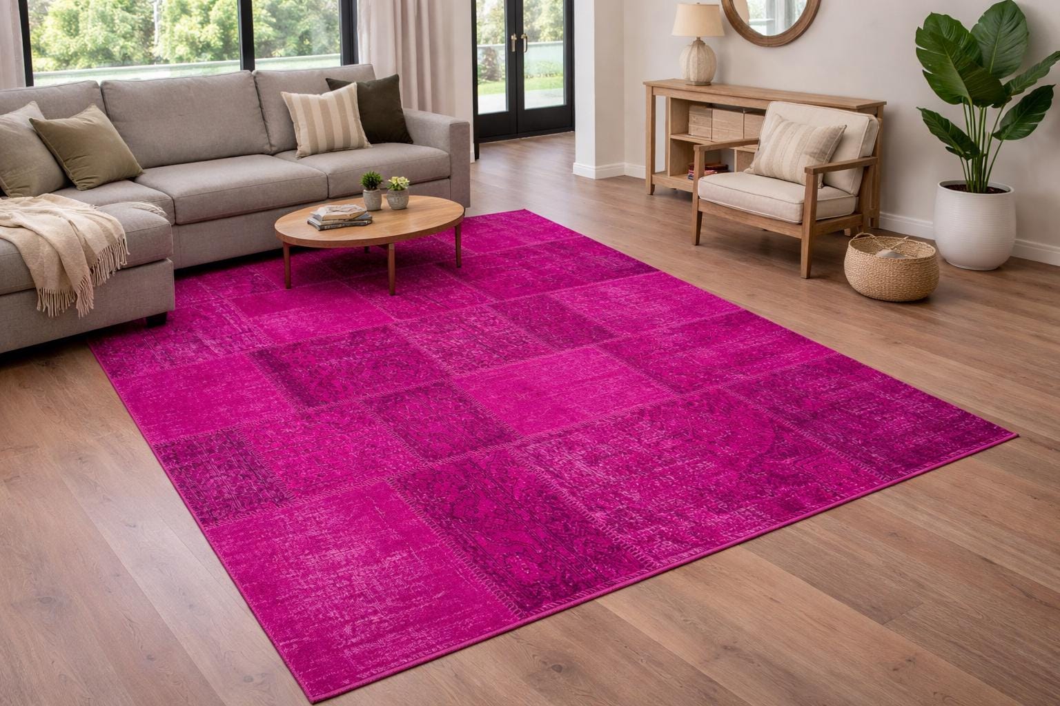 Handmade Pink Patchwork Rug: Bohemian Wool Area Rug (5'x8' ft)