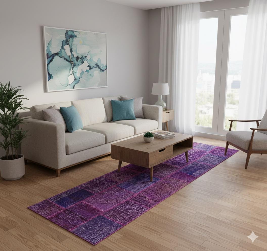Handmade Purple Patchwork Runner Rug: Bohemian Wool Carpet (2.6x9.8 ft)