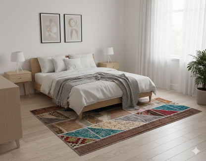 Handmade Wool Patchwork Rug: 5x7.5 ft Bohemian Turkish Rug