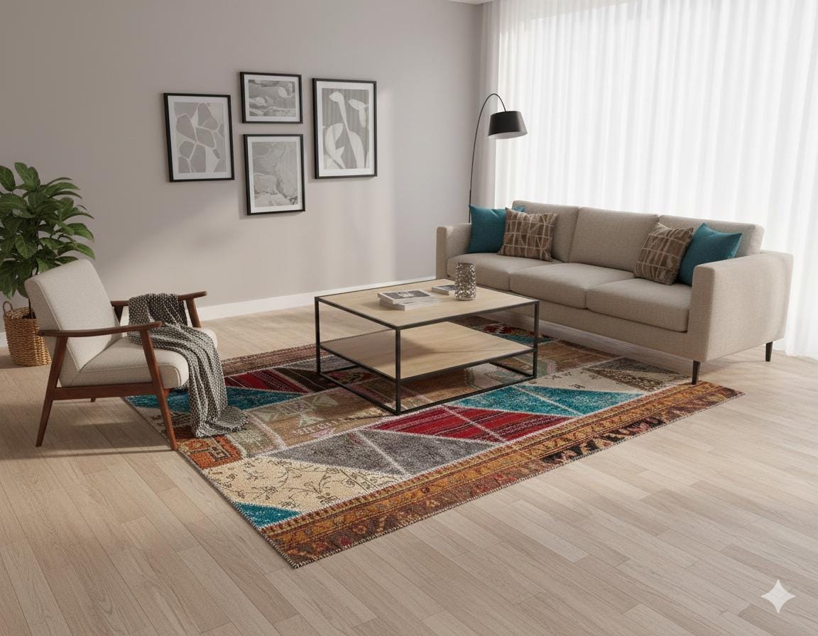 Handmade Wool Patchwork Rug: 5x7.5 ft Bohemian Turkish Rug
