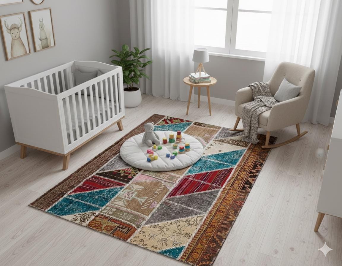 Handmade Wool Patchwork Rug: 5x7.5 ft Bohemian Turkish Rug