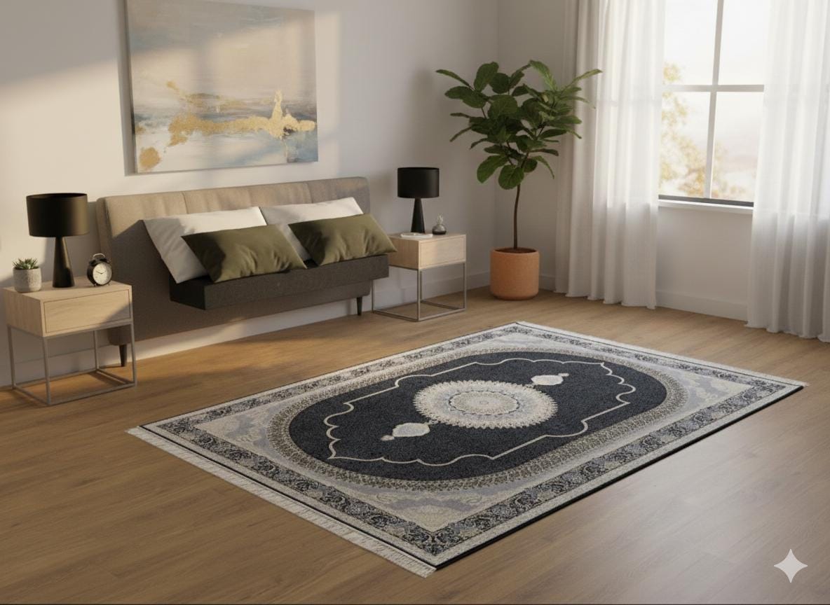 5x7 ft, Black Classic Medallion Silk Rug with bamboo yarn: Oriental design carpet