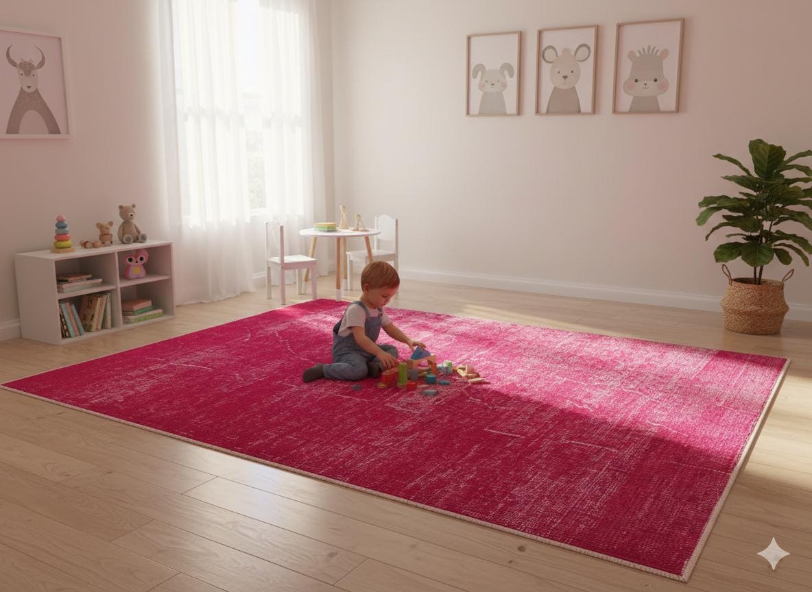 Handmade Pink Wool Rug: Vintage carpet (3'6''x4'11''ft)