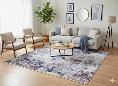 Distressed Abstract Area Rug – Blue, Burgundy, Cream Boho Carpet – Washable Low Pile Floor Mat