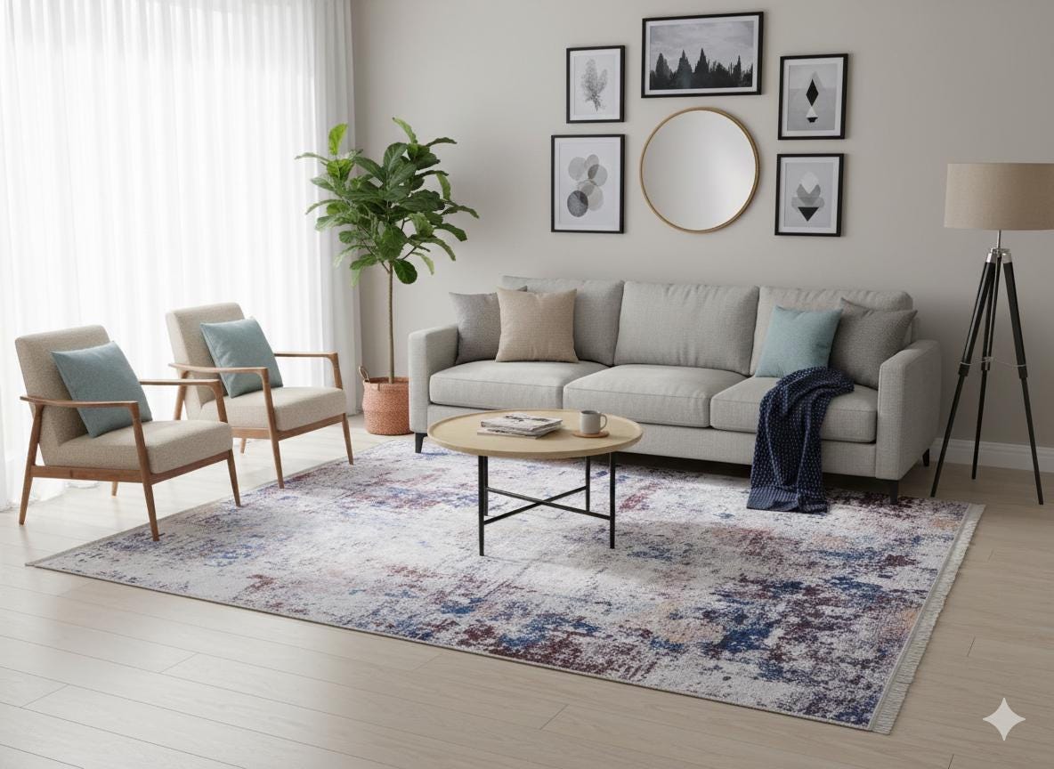 Distressed Abstract Area Rug – Blue, Burgundy, Cream Boho Carpet – Washable Low Pile Floor Mat