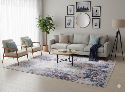 Distressed Abstract Area Rug – Blue, Burgundy, Cream Boho Carpet – Washable Low Pile Floor Mat