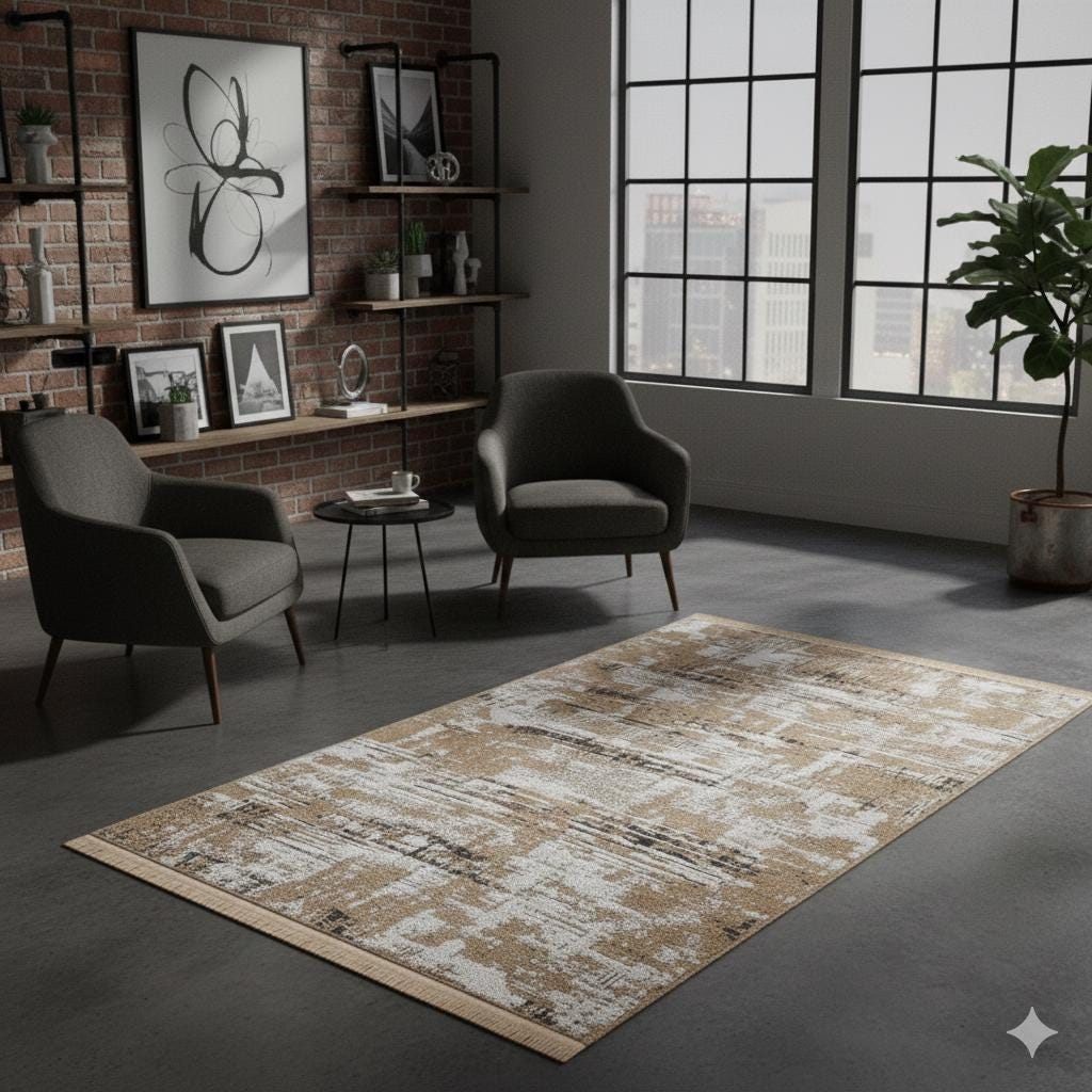 Distressed Gold Ivory Abstract Cotton Rug – Washable Boho Area Carpet