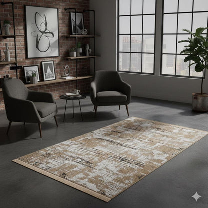 Distressed Gold Ivory Abstract Cotton Rug – Washable Boho Area Carpet