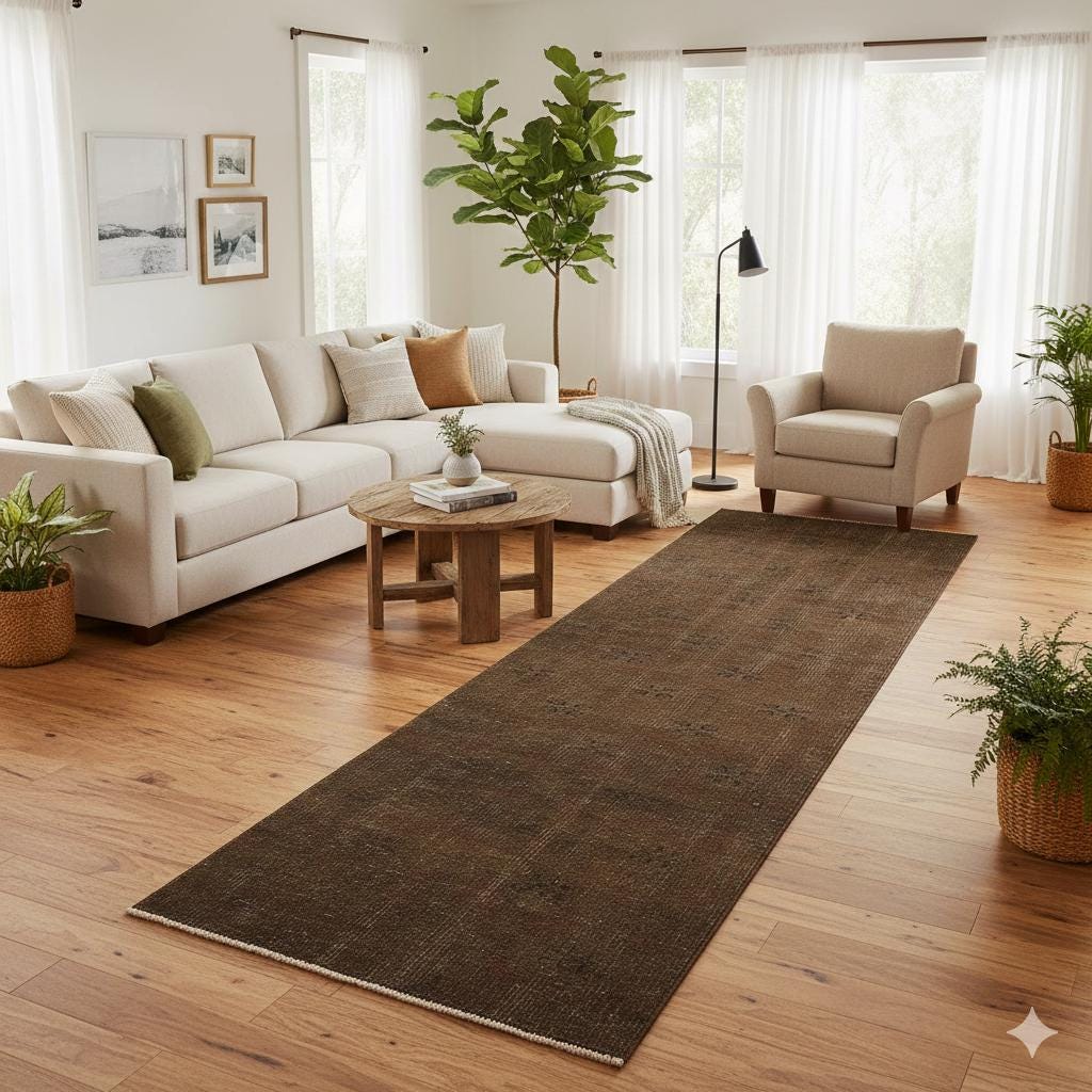 Vintage Anatolian brown Wool Runner Rug: Bohemian Eclectic Style (2.8x9'4'' ft)